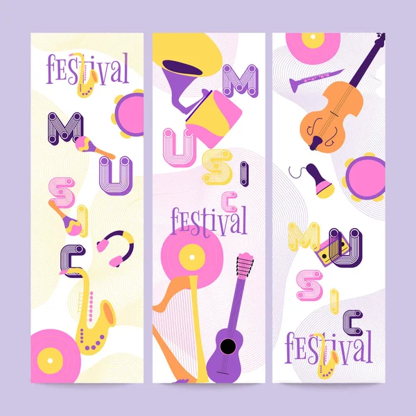 3 müzik dikey parlak web afişi. müzik aleti illüstrasyon vektörü. Etkinlik konsepti. Yaratıcı davet