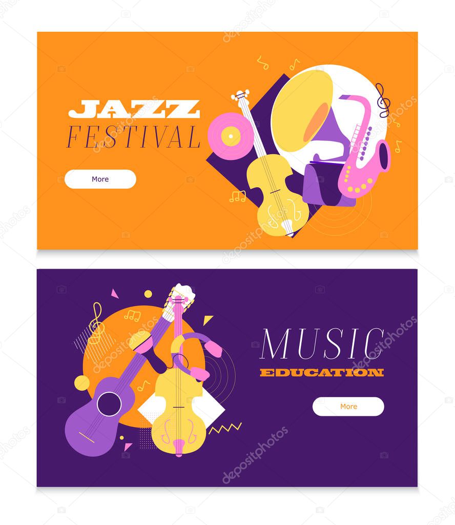 2 music horizontal bright web banner. musical instrument illustration vector. Music concept for event 