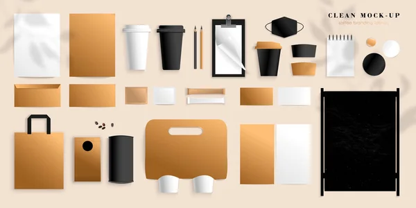 Marka Mockup kahve dükkanı, kafe, restoran için hazır. Şirket kimlik modellemesi. Bitkilerin gölgesi olan kahve paketi. 