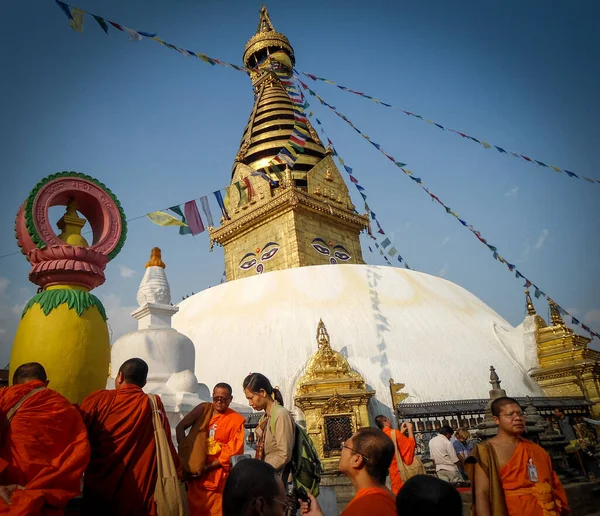 Complesso Religioso Swayambhunath Con Stupa Immagine Buddha Nepal Kathmandu Monaci — Foto Stock