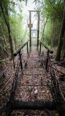 Ormanın ortasında asılmış demirden bir ekip. Ahşap giriş. Issız bir patika. Sisli sahne