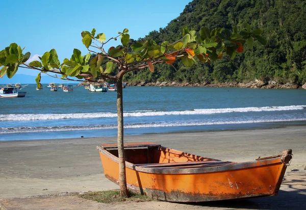 Barchetta Arancione Sul Marciapiede Praia Pereque Guaruja Brasile — Foto Stock