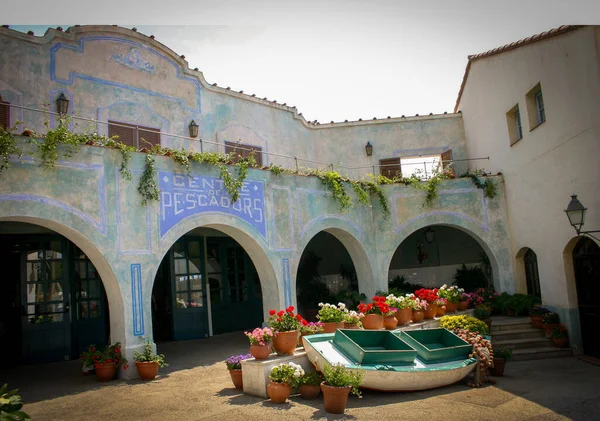 Amazing Fisherman Center Beautiful Boat Flowers Amazing Building Mediterranean Scene — Stock Photo, Image