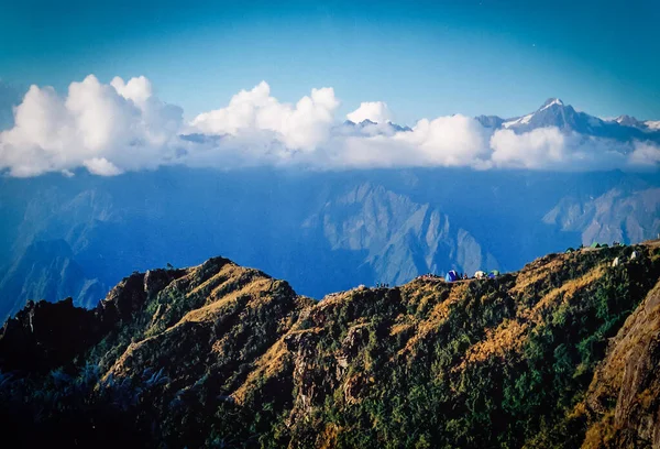 Vista Incrível Acampamento Nas Montanhas Trilha Inca Peru Caminho Macchu — Fotografia de Stock