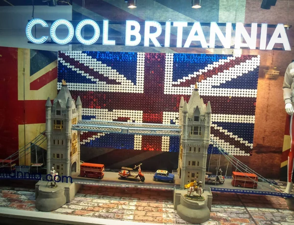Beautiful facade of a store called Cool Britannia, with tower bridge miniature