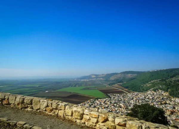 Widok Doliny Szczytu Góry Tabor Zielone Pola Izraela — Zdjęcie stockowe
