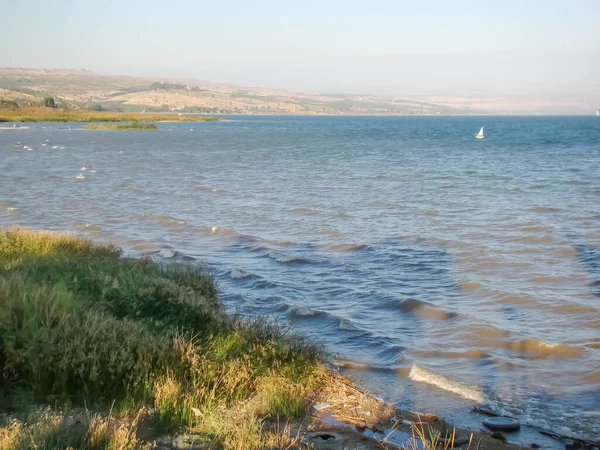 Galilee Denizinde Bir Tekne Srail Gün Batımı Görünümü — Stok fotoğraf