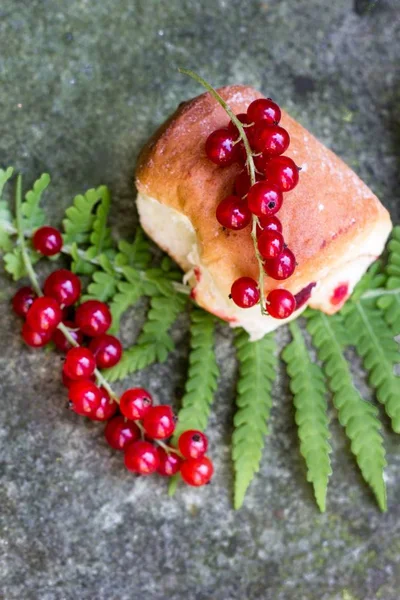 Zelfgemaakte Lekker Gist Broodjes Met Rode Aalbessen Een Blad Fern — Stockfoto