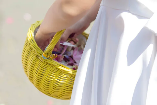 Frische Rosen Petlas Weidenkorb Kinderhand Brauthintergrund — Stockfoto