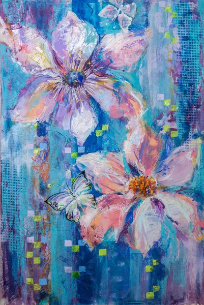 çiçek açan çiçeklerle yağlıboya parça