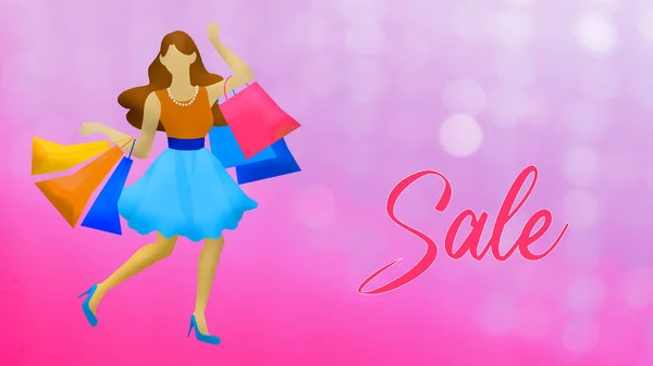 Illustration Woman Shopping Bags Pink Bokeh Background Word Sale Isolated — Stock Photo, Image