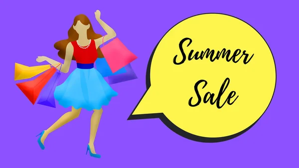 泡沫黄色文字说夏天的销售靠近一个女孩与购物袋的图片 和购物有关背景与复制空间 夏季销售的横幅 背景或插图 — 图库照片