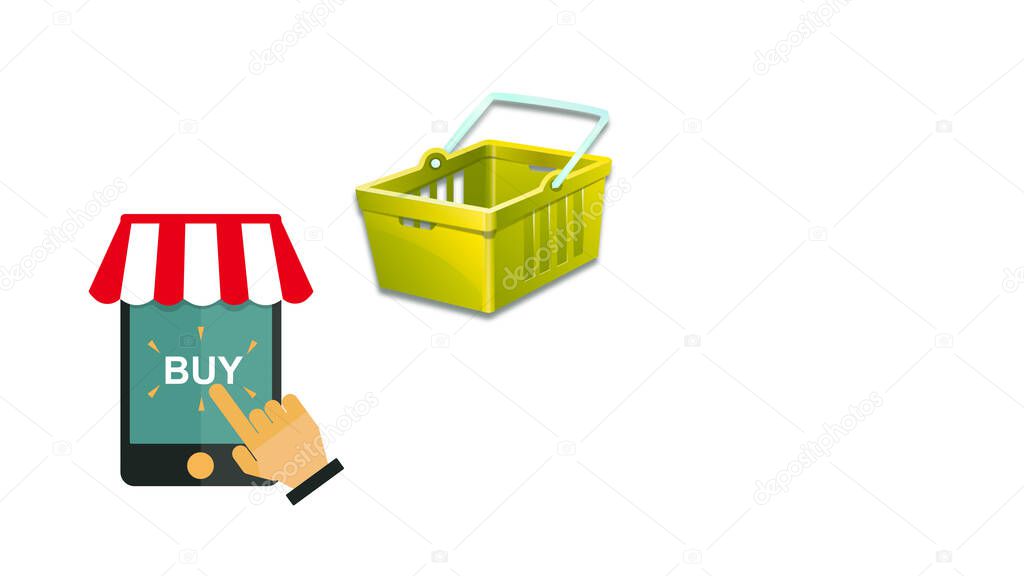 Illustration of a hand using a cellphone. Related to online shopping. Illustration of a cellphone with the text of buy and a cart. Copy space. White background. Icons relative to online shopping.