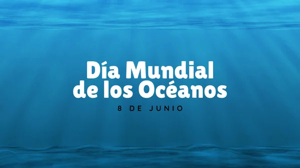 スペイン語でテキストと世界海洋デーのためのポスター バナー カードやイラスト 6月8日 海洋保護の概念 自然の世話をしてください テキスト付き青の背景 — ストック写真