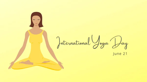 Illustration of a woman meditating. Background, poster, card or design. Copy space. June 21. Health care. Quote, message. Yoga poster and relax fitness meditation banner.