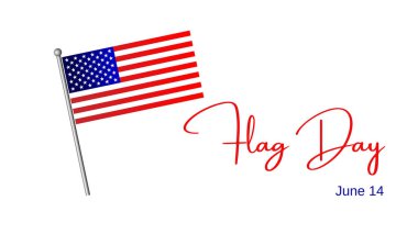 Resim, afiş, poster, kart ya da tasarım 14 Haziran 'da mesaj bayrağı günü. Amerika Birleşik Devletleri 'nde bayrak günü. Özgürlük, ulus, vatanseverlik ve saygı kavramı. ABD. Beyaz arkaplan.