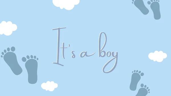 Illustration, banner, design or card with the text it's a boy. Blue colors. Suitable for baby showers cards or invitation. Cute design with copy space. Drawing feet.