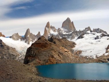 El Chalten, Arjantin. 18 Ocak 2019. Fitz Roy. Dağlar ve göl.