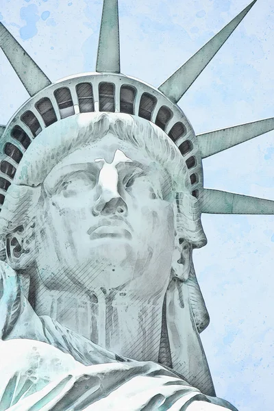 Watercolor Illustration Statue Liberty Англійською Художній Шпалери Фон Або Фон — стокове фото