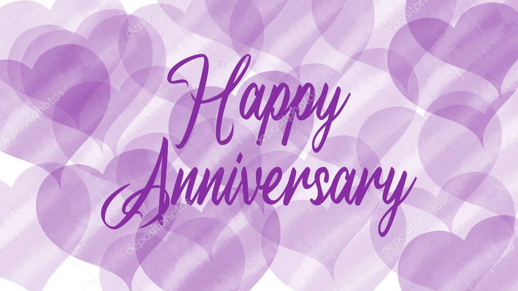 Illustration with the text happy Anniversary. Design, poster, template or background for birthday or anniversary with watercolor hearts. Greeting card for celebration. Copy space.