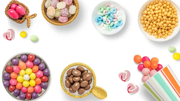 Lolipop Şeker Renkli Tatlılar Şenlikli Dekorasyon Beyaz Arkaplanda Renkli Şekerler — Stok fotoğraf