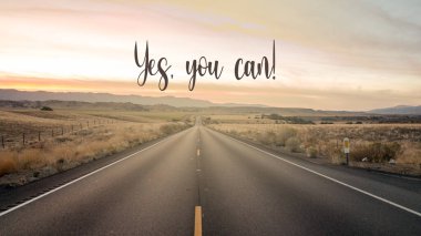 Yazılı bir manzara hakkında ilham verici bir alıntı, evet yapabilirsin. Mesaj ya da kart. İlham kavramı. Pozitif ifade. Poster, kart, pankart tasarımı. Motivasyon ifadesi.