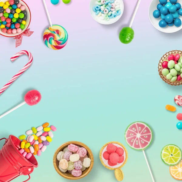 Candies Chocolates Lollipops Soft Rainbow Background Background Copy Space Backdrop — Stock Photo, Image