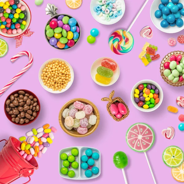 Bonbons Pralinen Und Lutscher Auf Rosa Hintergrund Hintergrund Banner Oder — Stockfoto