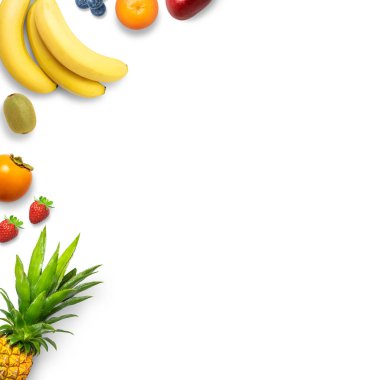 Fotokopi alanı olan beyaz bir zemin üzerinde farklı meyve türlerinin izole edilmiş düz üst görünümü. Sağlıklı, organik, besleyici ve taze kavramı. Meyve arkaplanı, arkaplan veya afiş.