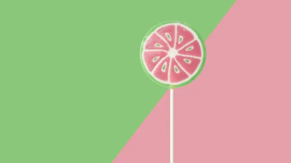 Wassermelonen Lutscher Auf Rosa Und Grünem Hintergrund Hintergrund Banner Oder — Stockfoto