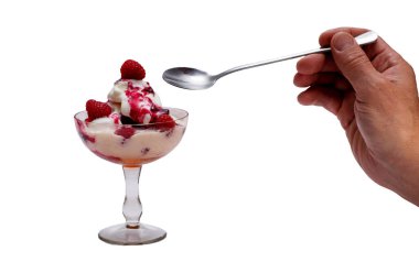 Üzerine reçel serpiştirilmiş ve ahududu serpilmiş bir kase beyaz dondurma..