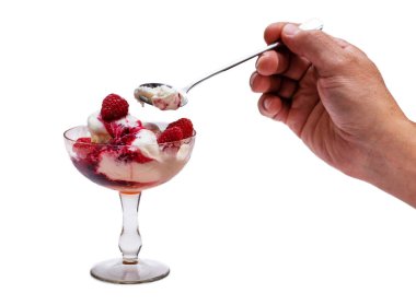 Üzerine reçel serpiştirilmiş ve ahududu serpilmiş bir kase beyaz dondurma..