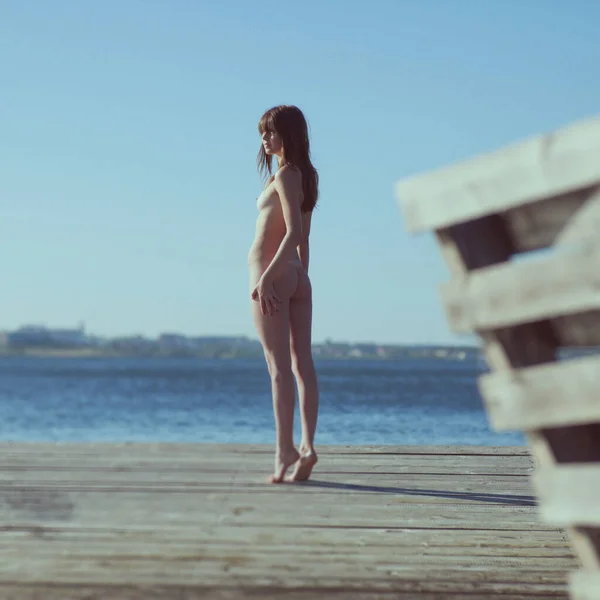 Young Beautiful Naked Girl Wooden Pier Lake — Stock Photo, Image