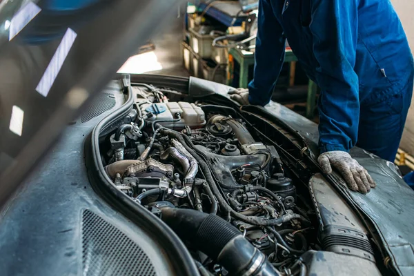 Worker in a car service inspects a car engine under the hood