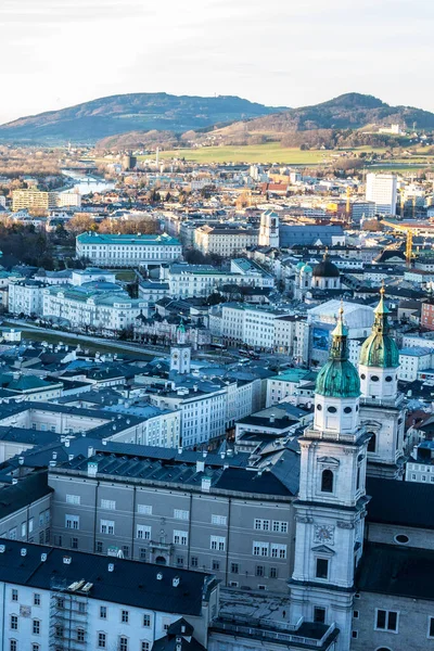 Uitzicht Daken Van Salzburg Kathedraal Salzburger Dom Vanuit Vesting Hohensalzburg — Stockfoto