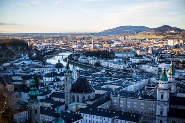 Vista Dos Telhados Salzburgo Rio Salzach Fortaleza Hohensalzburg — Fotografia de Stock