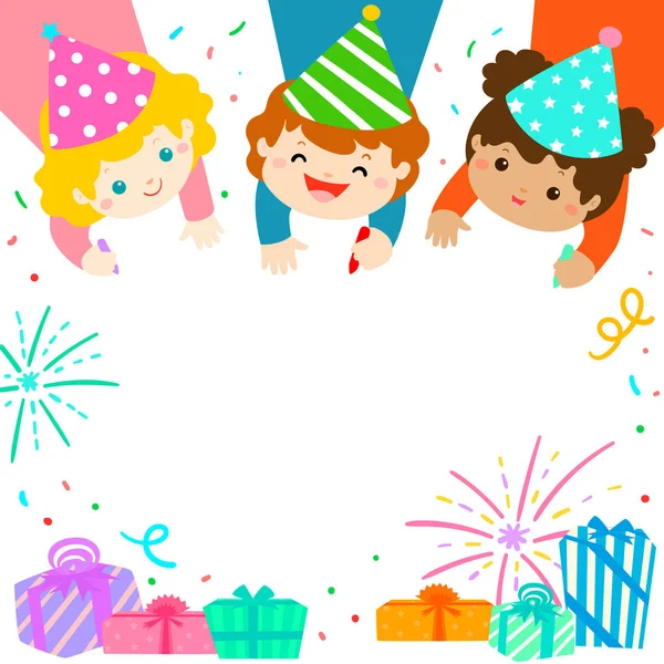 Multicultural Cute Kids Draw Invitation Kids Party Colorful Template Vector — Stock Vector