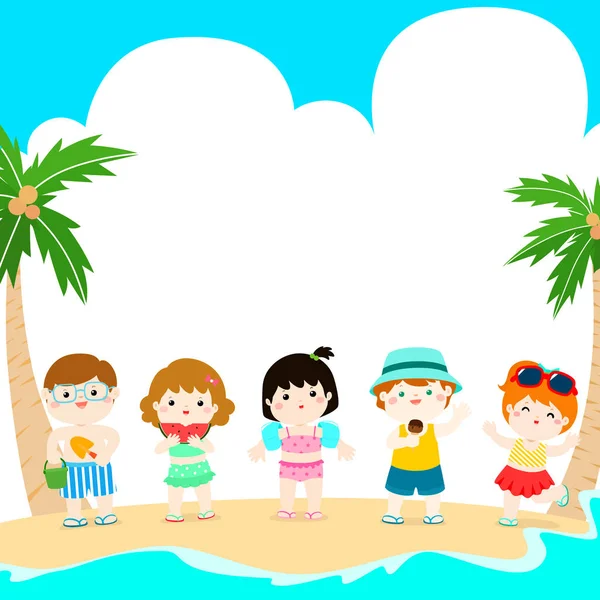 Olá Verão Multicultural Bonito Crianças Maiô Modelo Vetor Ilustração Pronto — Vetor de Stock