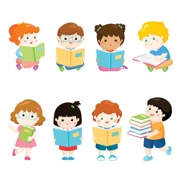 Coleção Crianças Lendo Livros Para Educação Ilustração Vetor —  Vetores de Stock