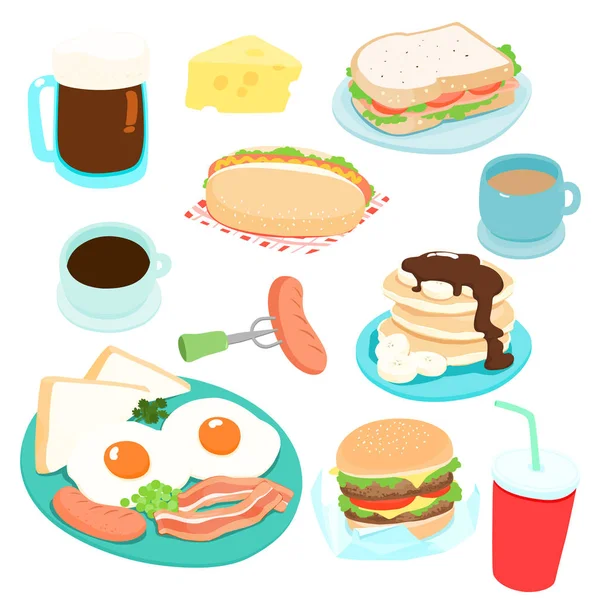 Varios Desayuno Conjunto Ilustración Vectorial Fresco Delicioso — Vector de stock