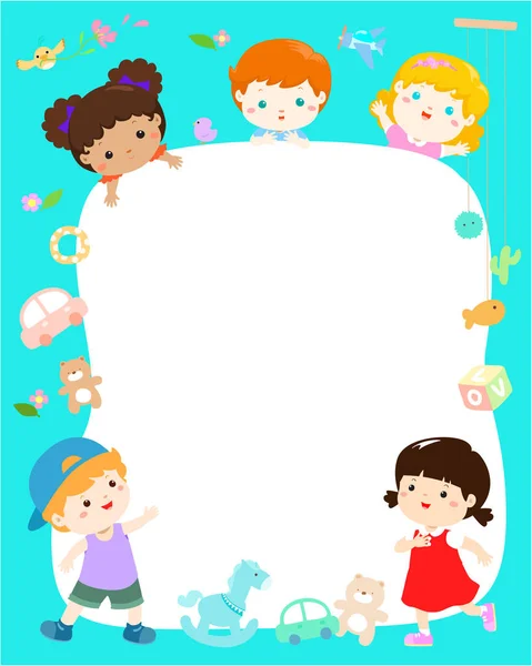 Modelo Branco Bonito Crianças Multirraciais Pôster Design Vetor Ilustração — Vetor de Stock