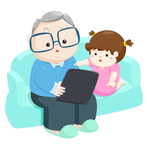 Glückliche Enkelin Spielt Tablet Mit Opa Vektor Illustration — Stockvektor