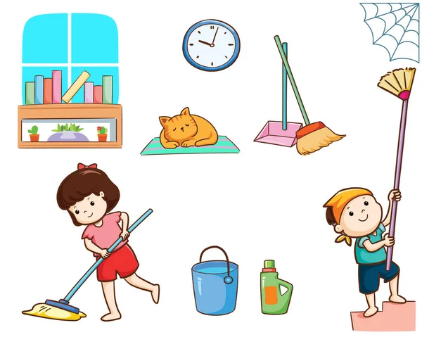 Happy Kids Cleaning House Vector Illustration — Stock Vector