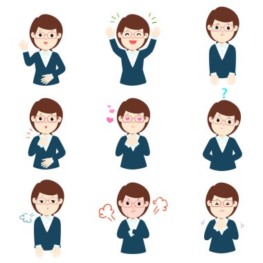 İş kadını yüz ifadesi, karikatür işkadını vektör çizim ayarla,