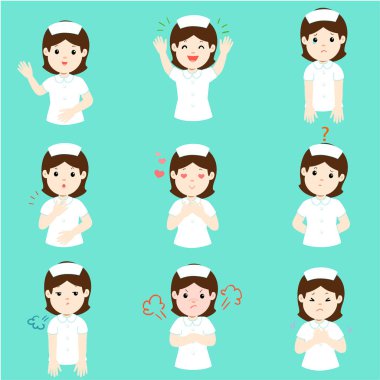 Hemşire yüz ifadesi, karikatür hemşire vektör çizim ayarla,