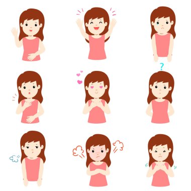 Kadın yüz ifadesi, karikatür kadın vektör çizim ayarla,