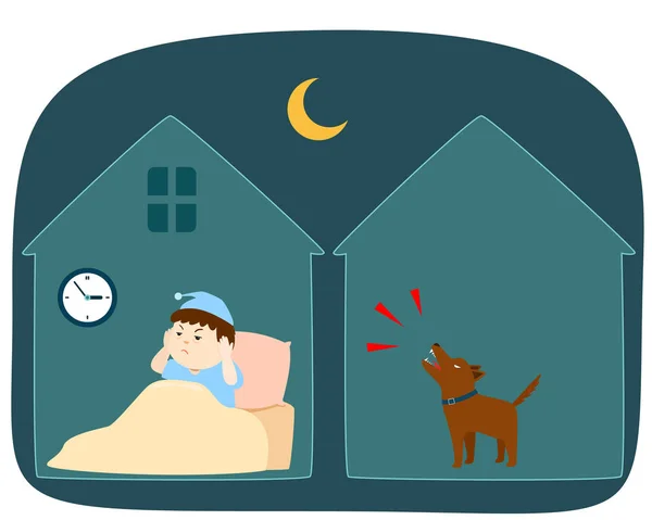 邻居的狗在夜里大声吠矢量卡通插图 — 图库矢量图片