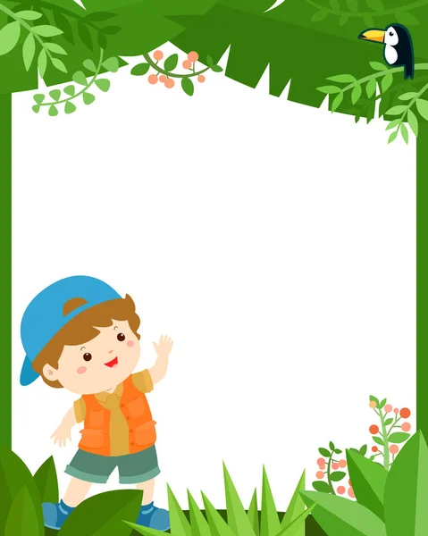 Leuke Jongen Jungle Frame Voor Kinderen Vector Sjabloon — Stockvector