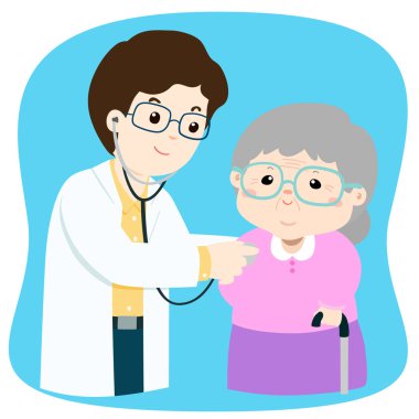 Doktor karikatür vektör çizim ile yaşlı sağlık kontrolü.