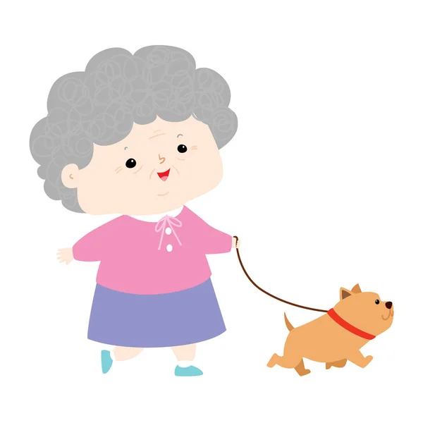 ผู้หญิงอาวุโสเดินกับเวกเตอร์สุนัข . — ภาพเวกเตอร์สต็อก